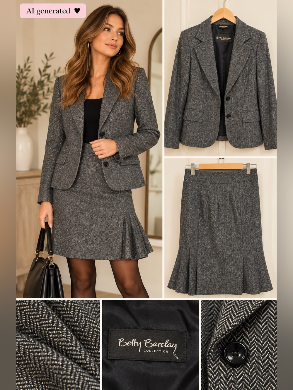 Title: Betty Barclay Herringbone Skirt Suit Set | Wool Blend | Size US 10